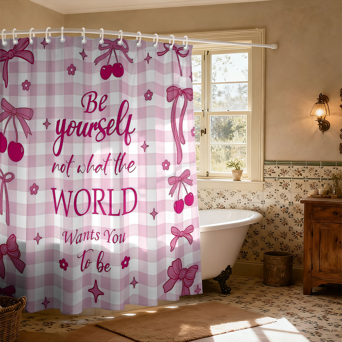 Home Bathroom Partition - 1pc Pink Bow Printed Shower Curtain