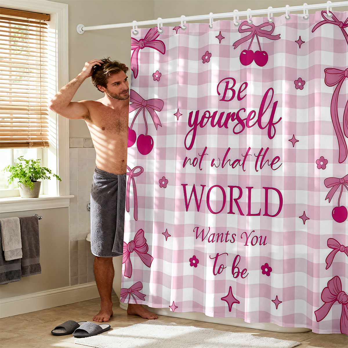 1pc Pink Bow Printed Shower Cu - Home Bathroom Partition recension och pris