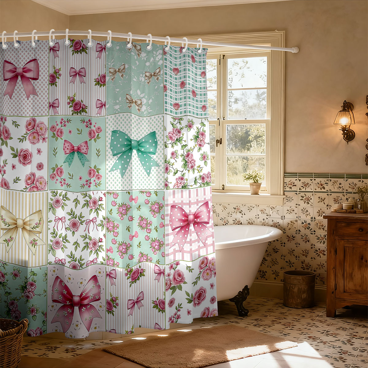 1pc Pink Bow Printed Shower Cu - Home Bathroom Partition recension och pris